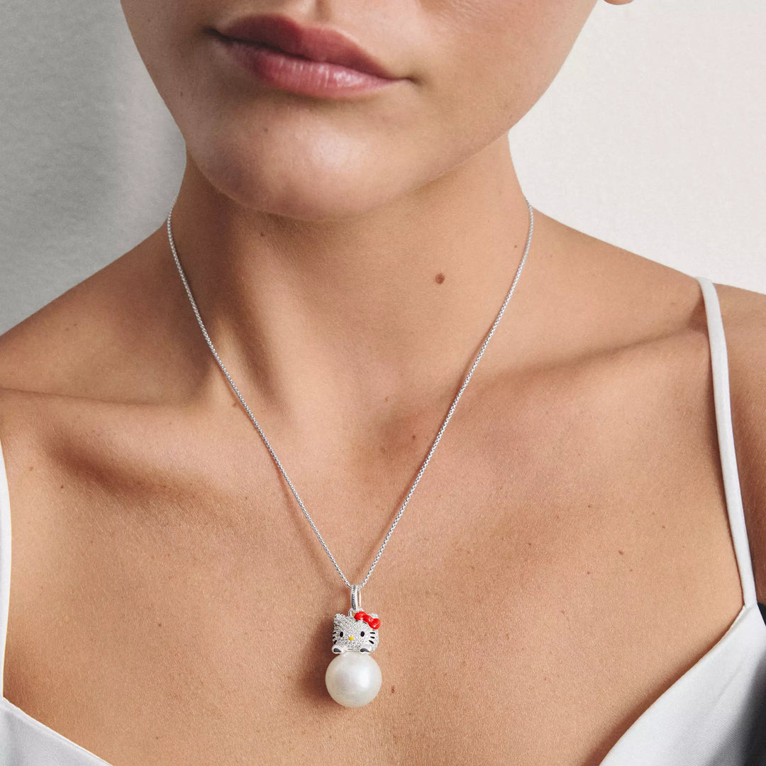 Hello Kitty Pearl Necklace with White Zirconia, Silver-Plated