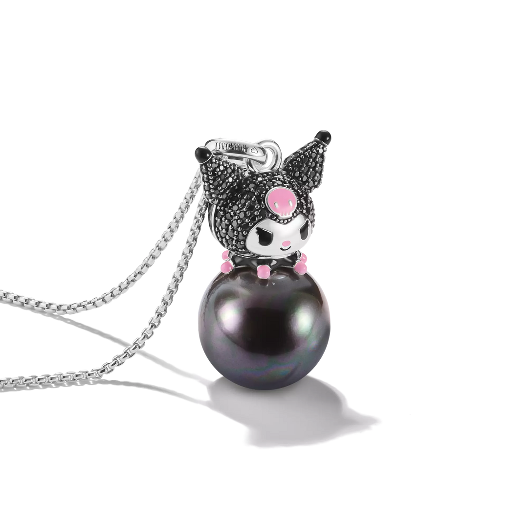 Hello Kitty Kuromi Necklace with Black Pearl, Silver-Plated