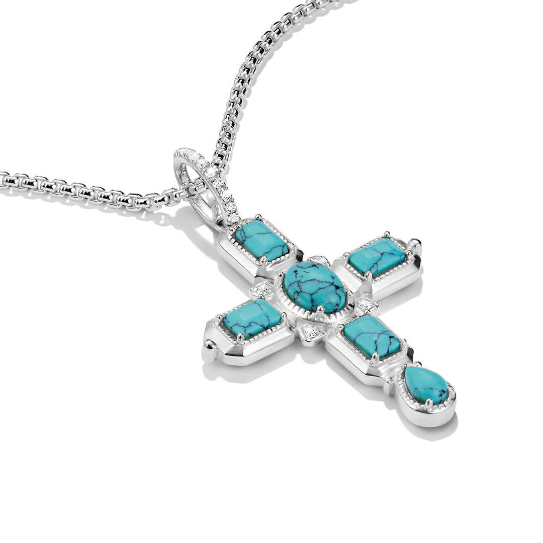 Cross Pendant with Imitation Turquoise Stones Silver