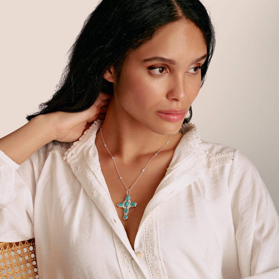 Cross Pendant with Imitation Turquoise Stones Silver