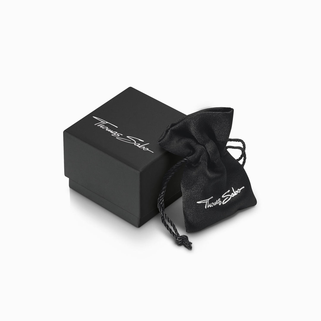 Black THOMAS SABO gift box and matching satin drawstring pouch with silver script logo.