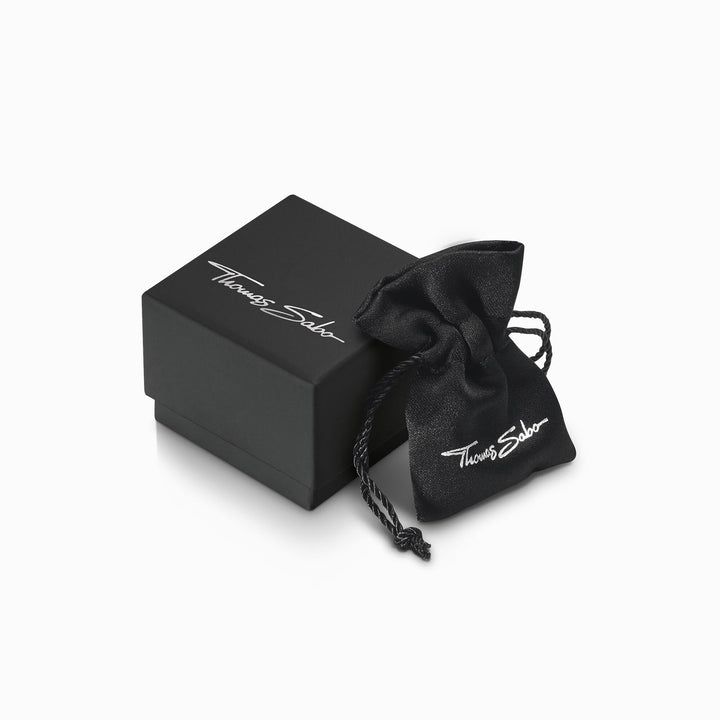 Black THOMAS SABO gift box and matching satin drawstring pouch with silver script logo.