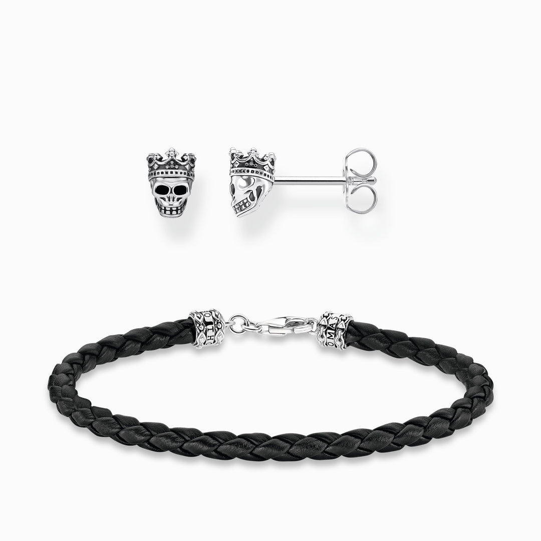 Royal Skull Set: Earrings &amp; Leather Bracelets in Silver