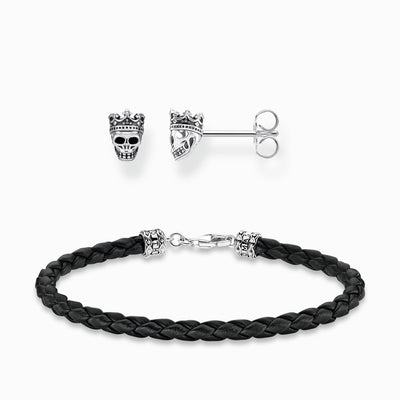 Royal Skull Set: Earrings & Leather Bracelets in Silver