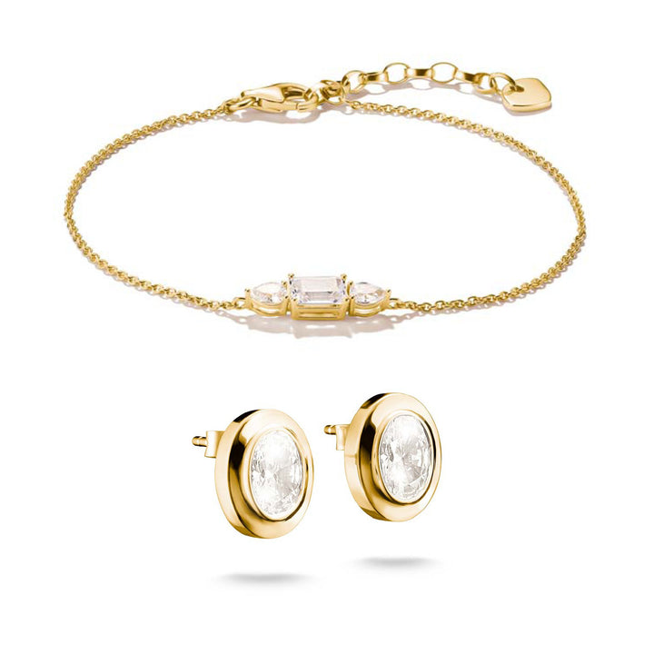 Sparkling Zirconia Bracelet &amp; Oval Stud Earrings in Gold