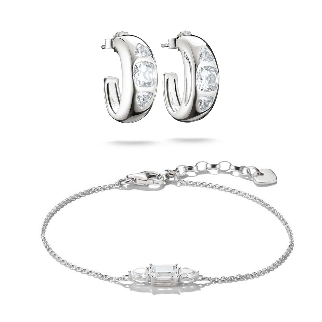 Sparkling Zirconia Bracelet &amp; Hoop Earrings Silver Set
