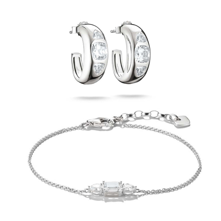 Sparkling Zirconia Bracelet &amp; Hoop Earrings Silver Set