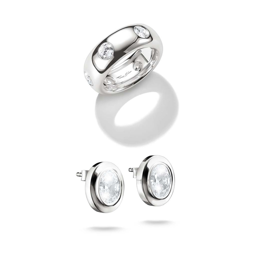 Oval Stud &amp; Zirconia Ring Silver Set