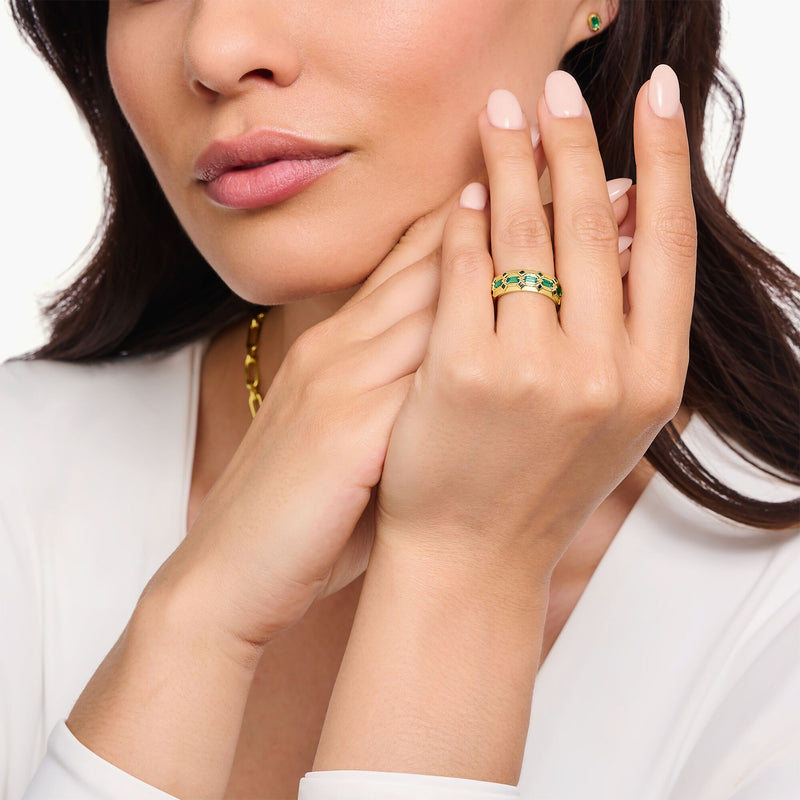 Wide Gold Plated Crocodile Ring with Green Stones | THOMAS SABO Australia