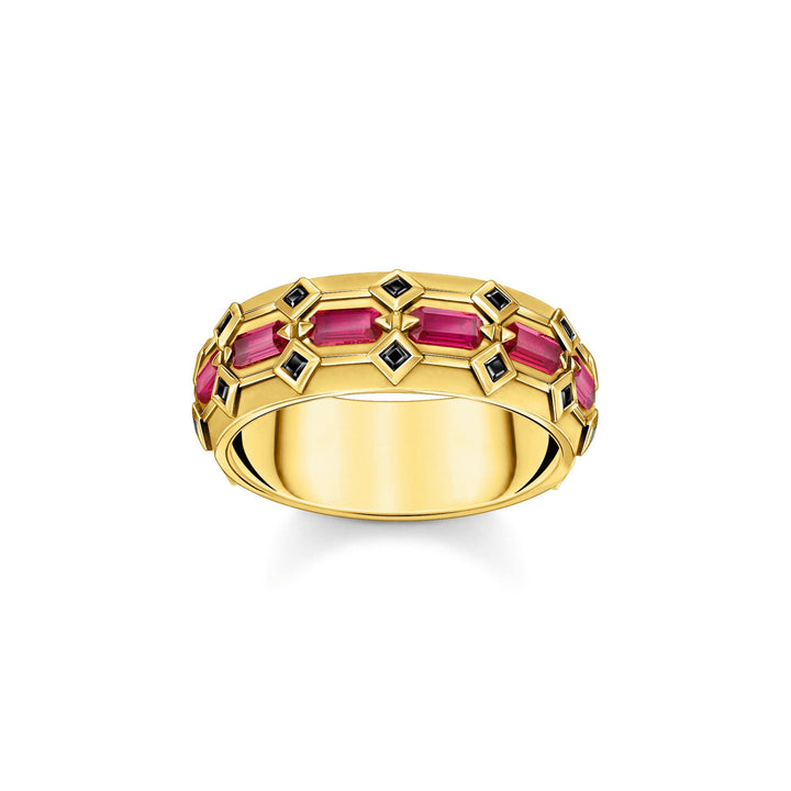 Wide gold plated ring in crocodile design with red stones | THOMAS SABO Australia
