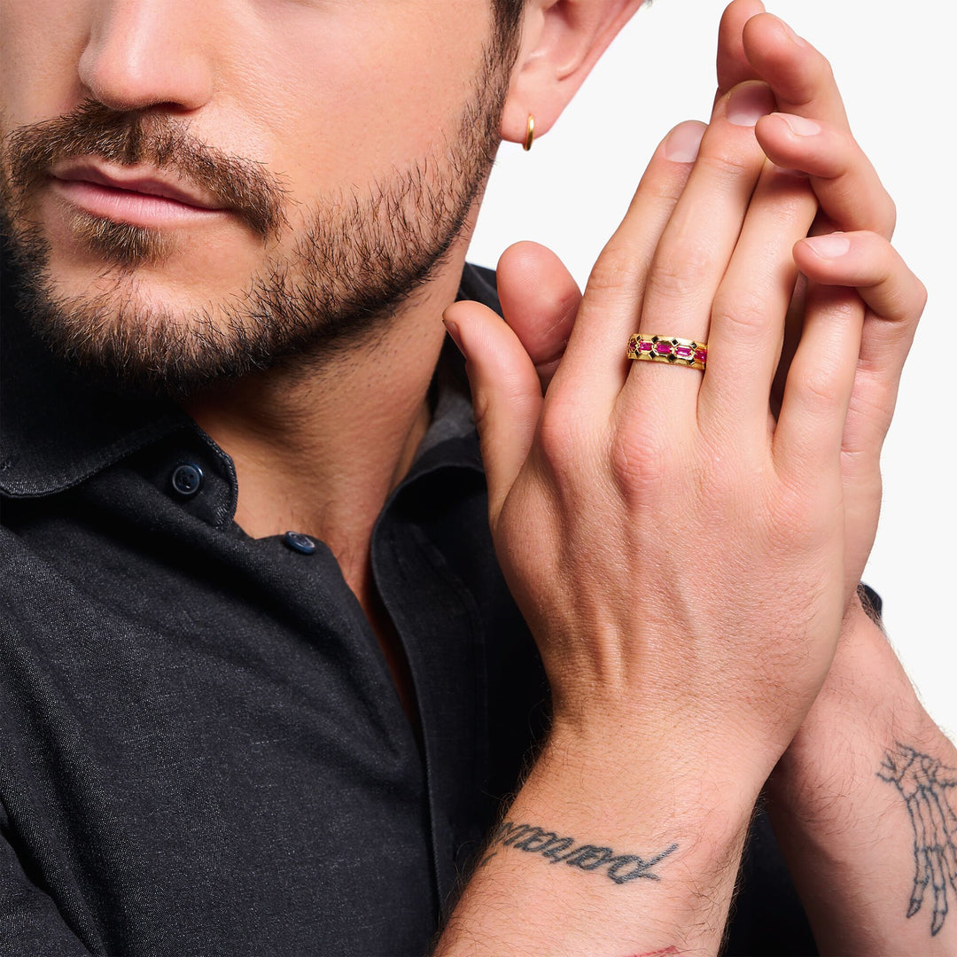 Wide gold plated ring in crocodile design with red stones | THOMAS SABO Australia