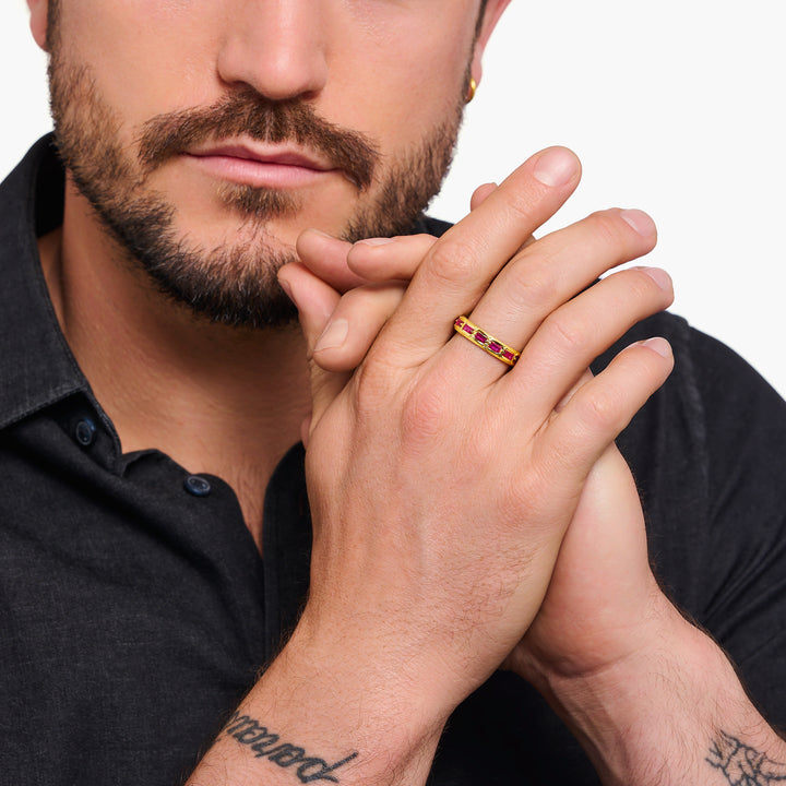 Gold plated band ring in crocodile design with red stones | THOMAS SABO Australia