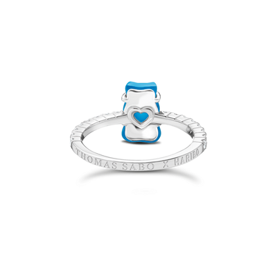 Ring with blue mini sized goldbears and zirconia