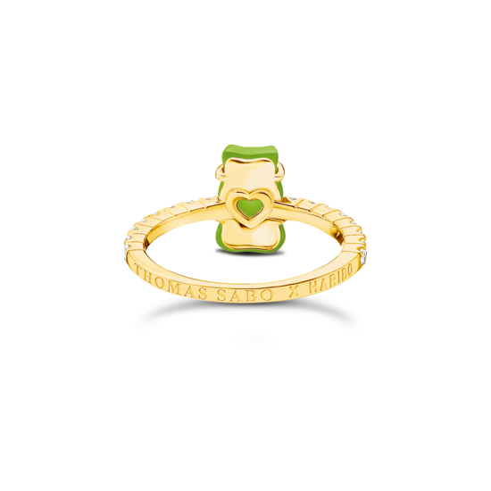 Ring with green mini sized goldbears and zirconia