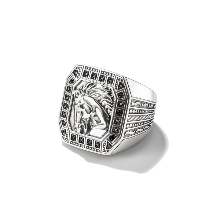 Horse Head Signet Ring with Zirconia Stones Wild Horses