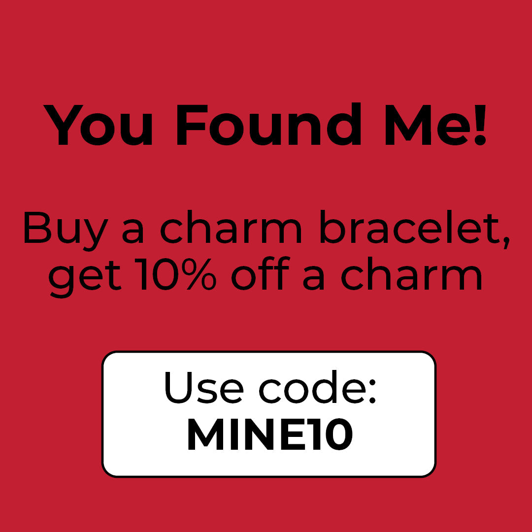 Red promotional banner: buy a charm bracelet, get 10% off a charm with code MINE10.