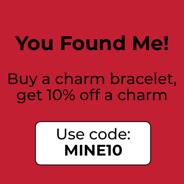 Red promotional banner: buy a charm bracelet, get 10% off a charm with code MINE10.