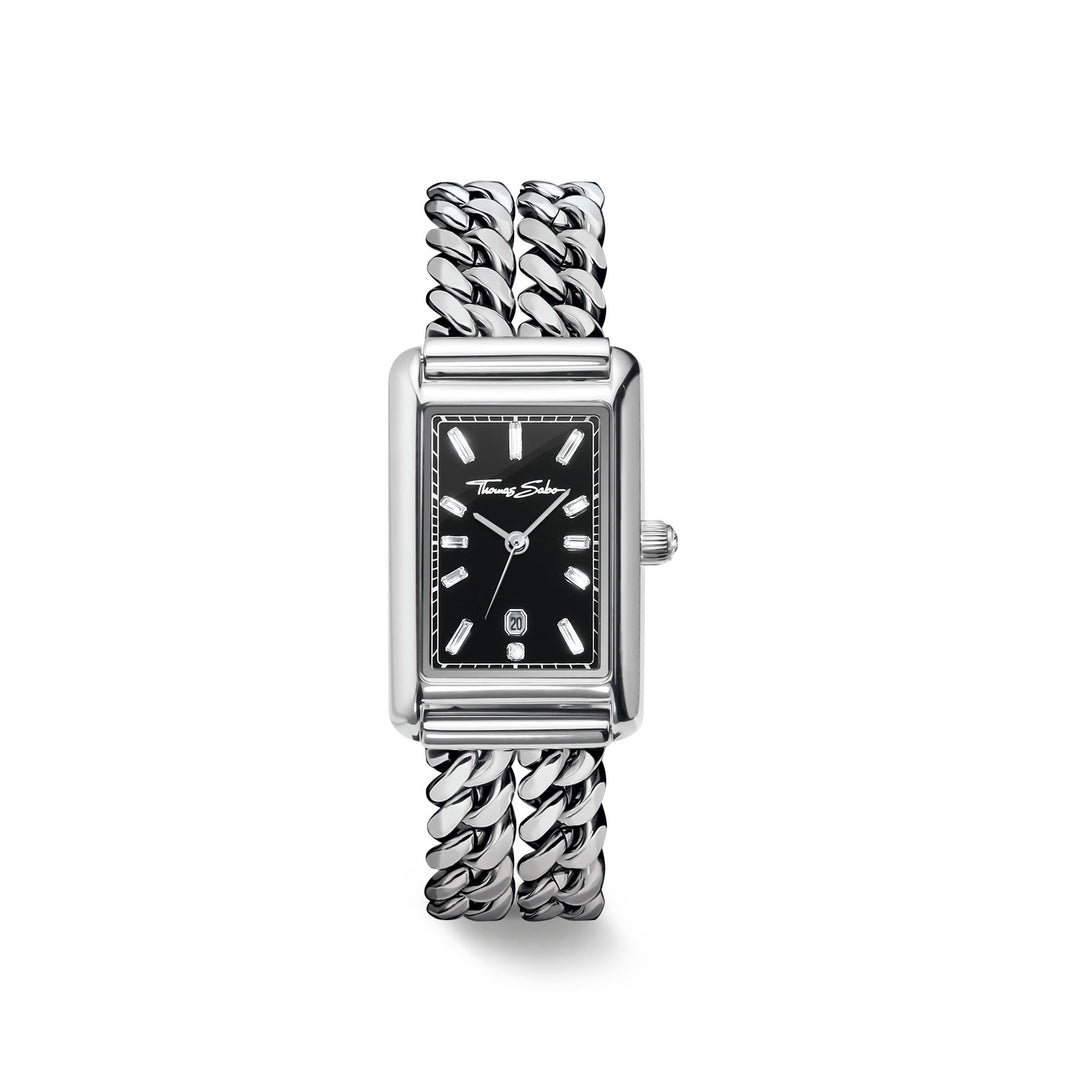 Ladies Rectangular Silver Watch with Black Dial | THOMAS SABO