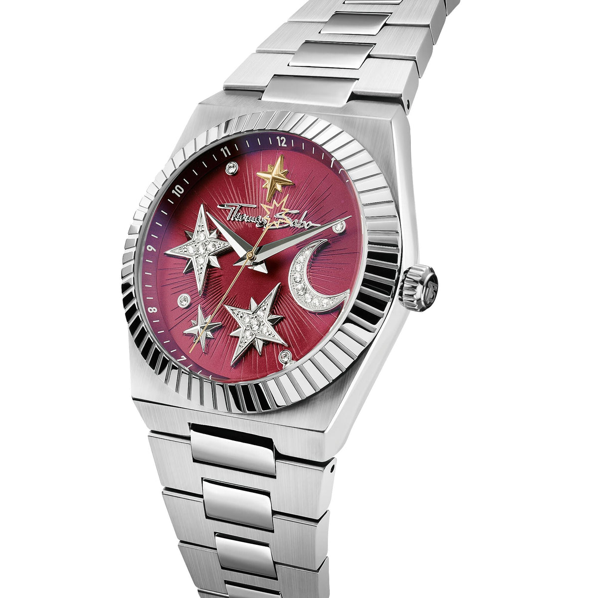 Women's Moon and Stars Watch with Burgundy Dial
