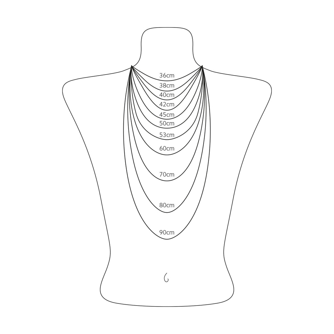Necklace length size chart showing chain drop positions from 42 cm to 100 cm on a jewellery bust illustration.