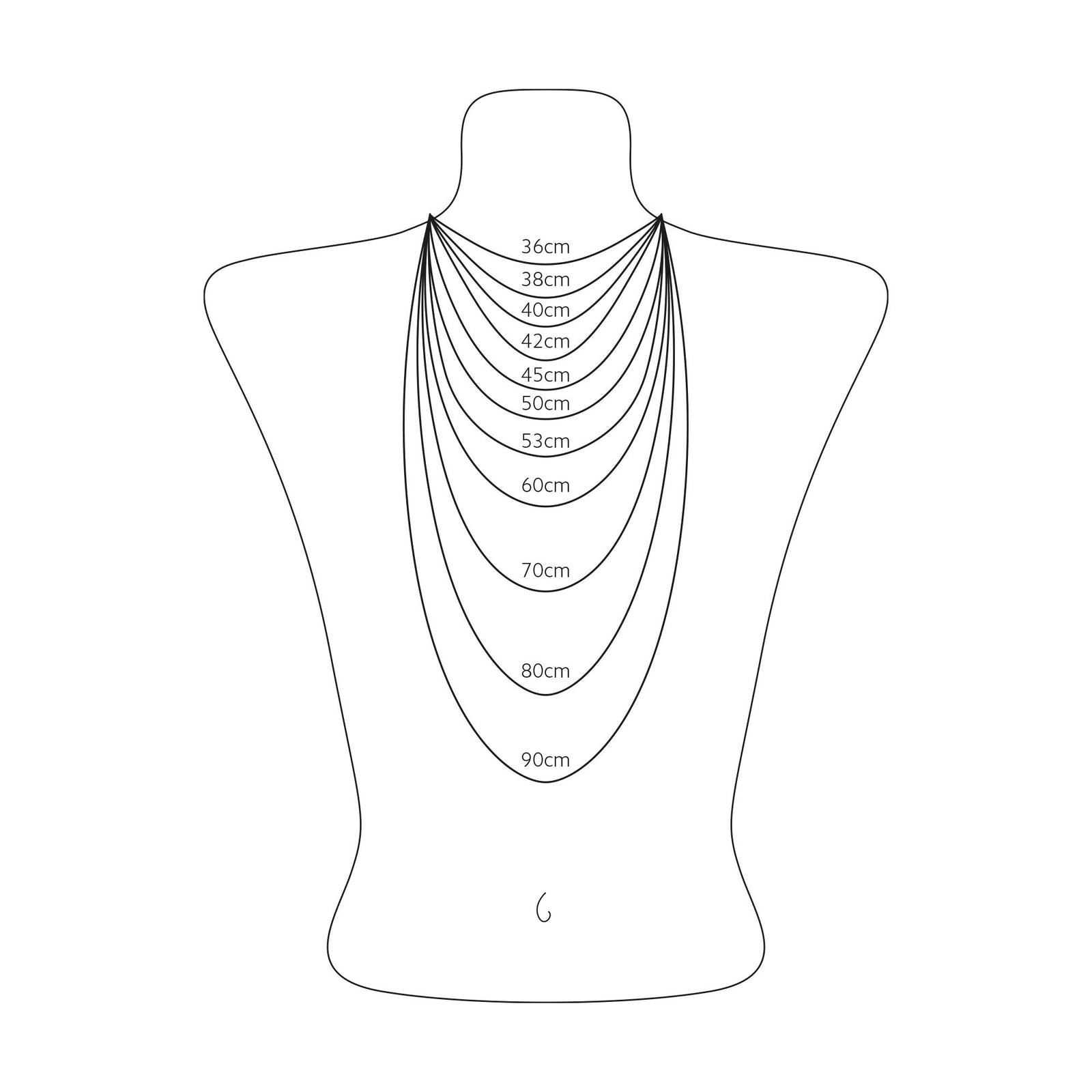 Necklace length size chart showing chain drop positions from 42 cm to 100 cm on a jewellery bust illustration.
