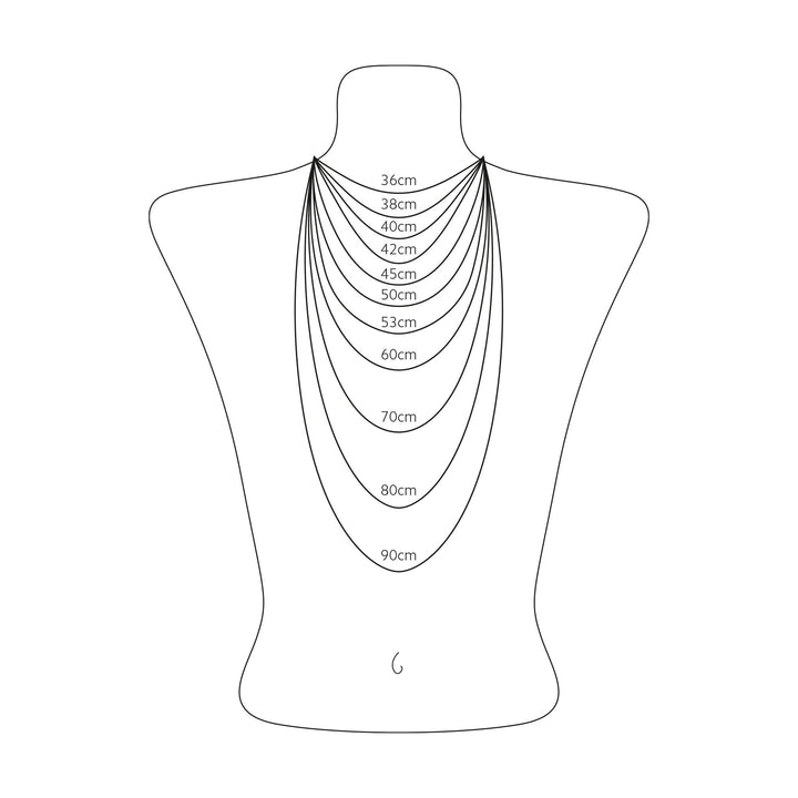Necklace length size chart showing chain drop positions from 42 cm to 100 cm on a jewellery bust illustration.
