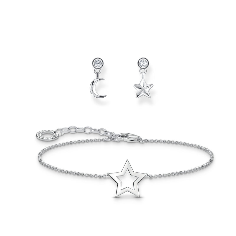 Stars and Moon Set: Ear Studs and Bracelet in Silver