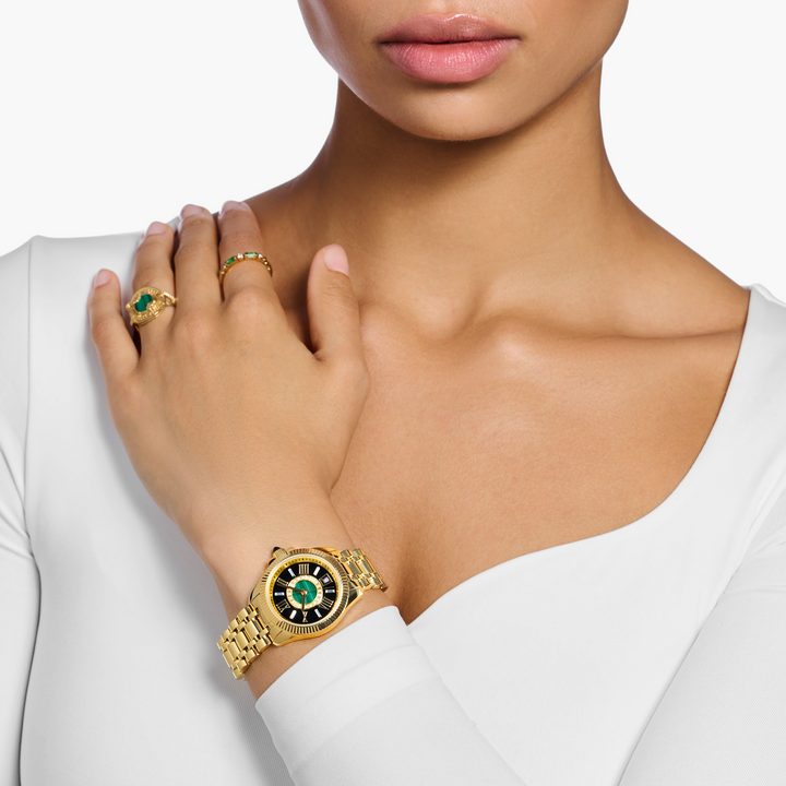 Mystic Island Watch with white stones and green malachite gold plated | THOMAS SABO Australia